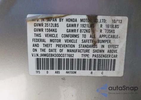 2013 Honda Fit from USA, damaged, VIN JHMGE8H30DC077662